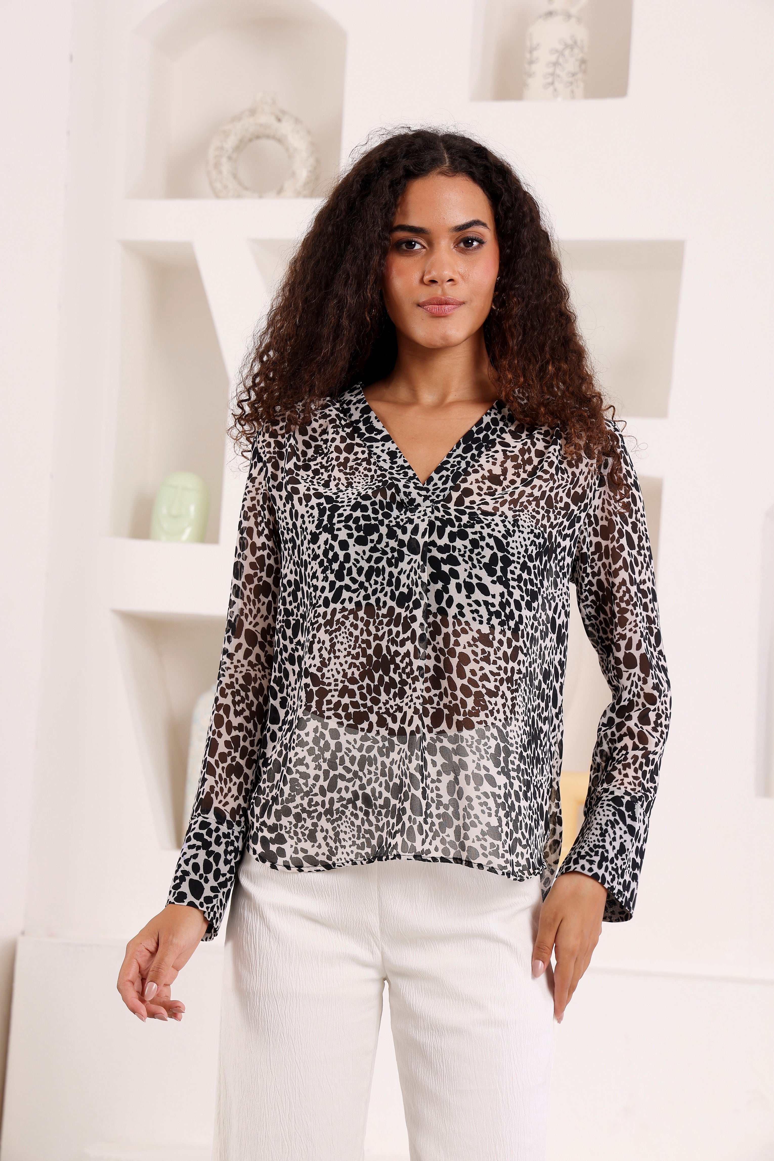 Chic Animal Print Sheer Top