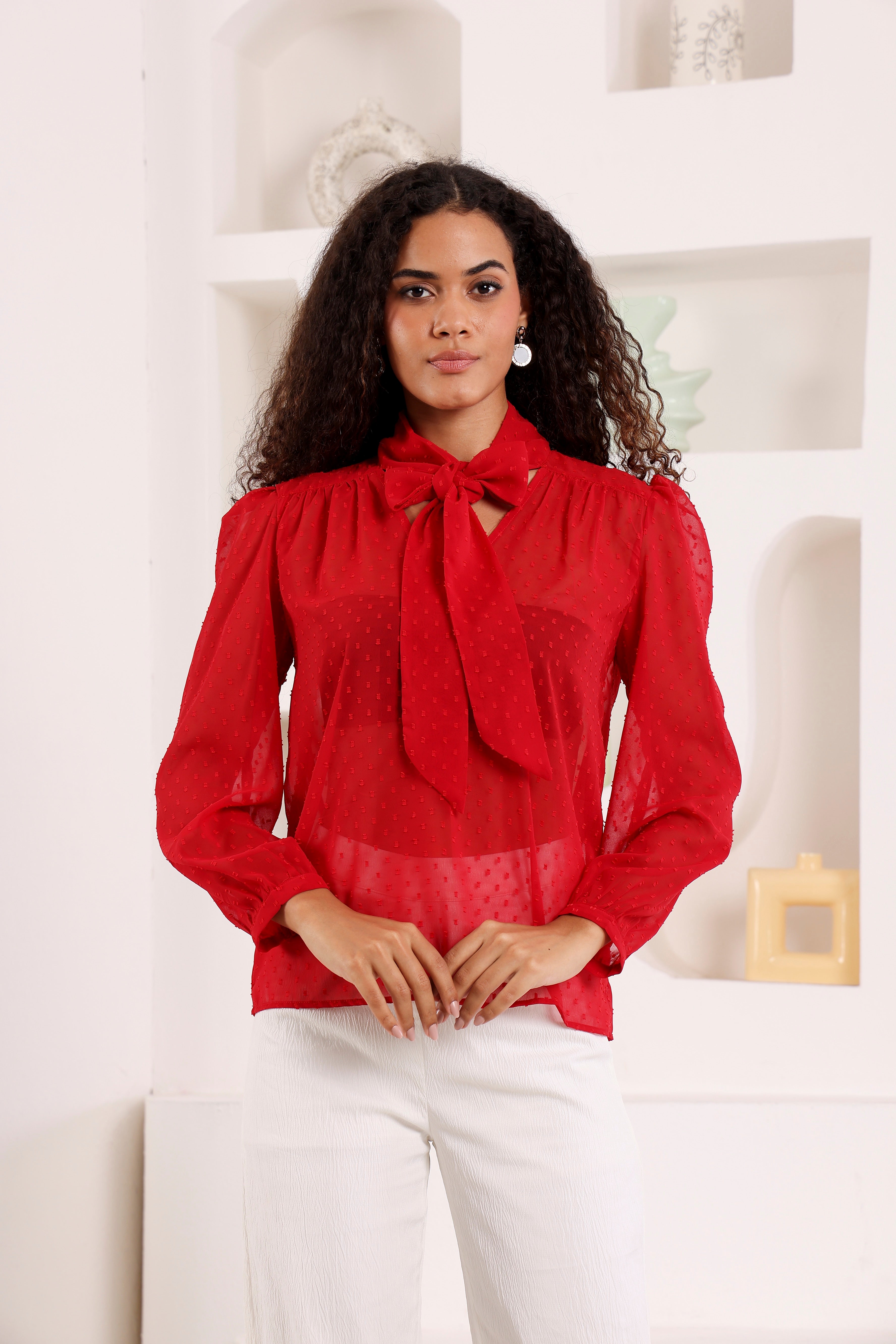 Scarlet Whisper Tie-Neck Top