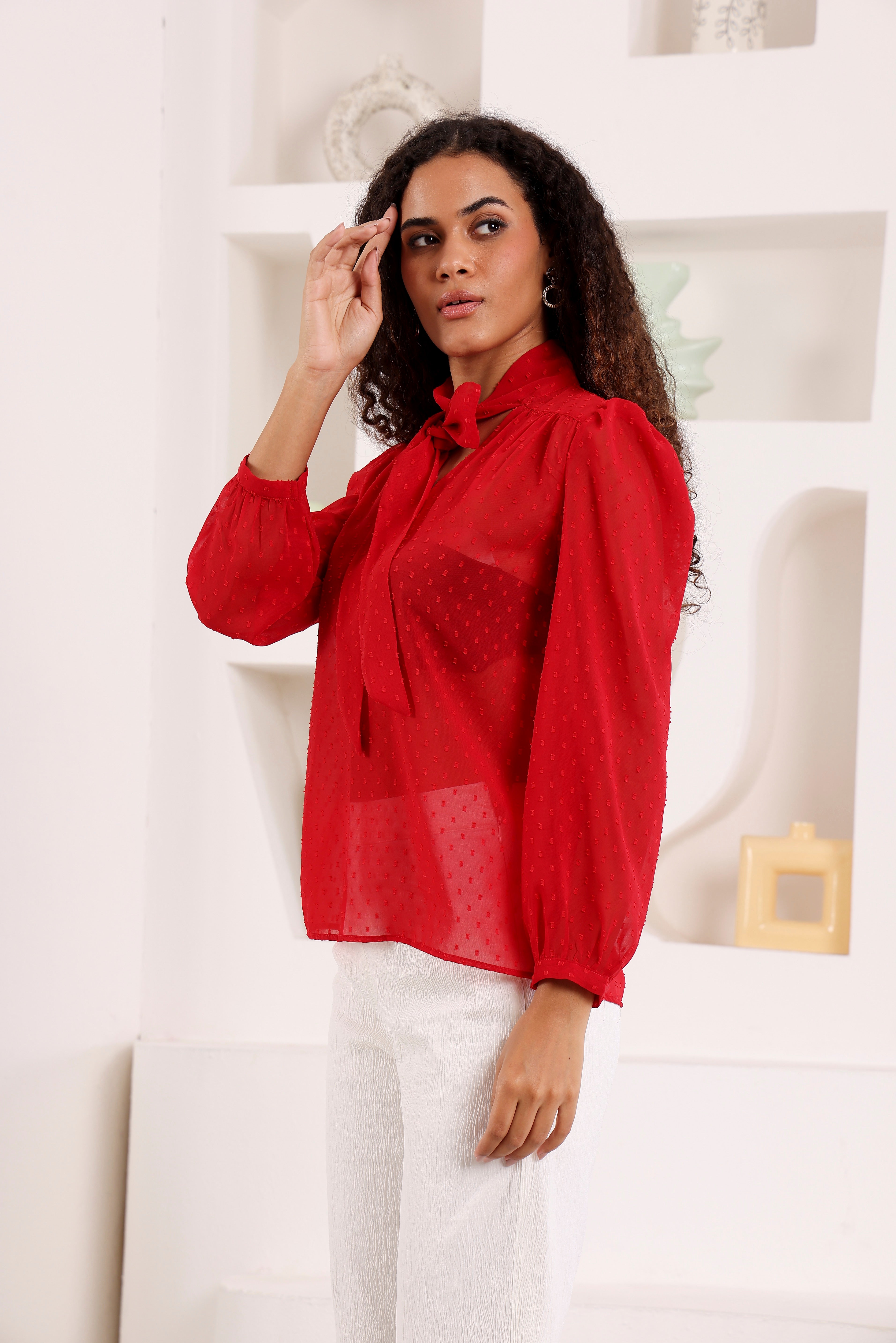 Scarlet Whisper Tie-Neck Top